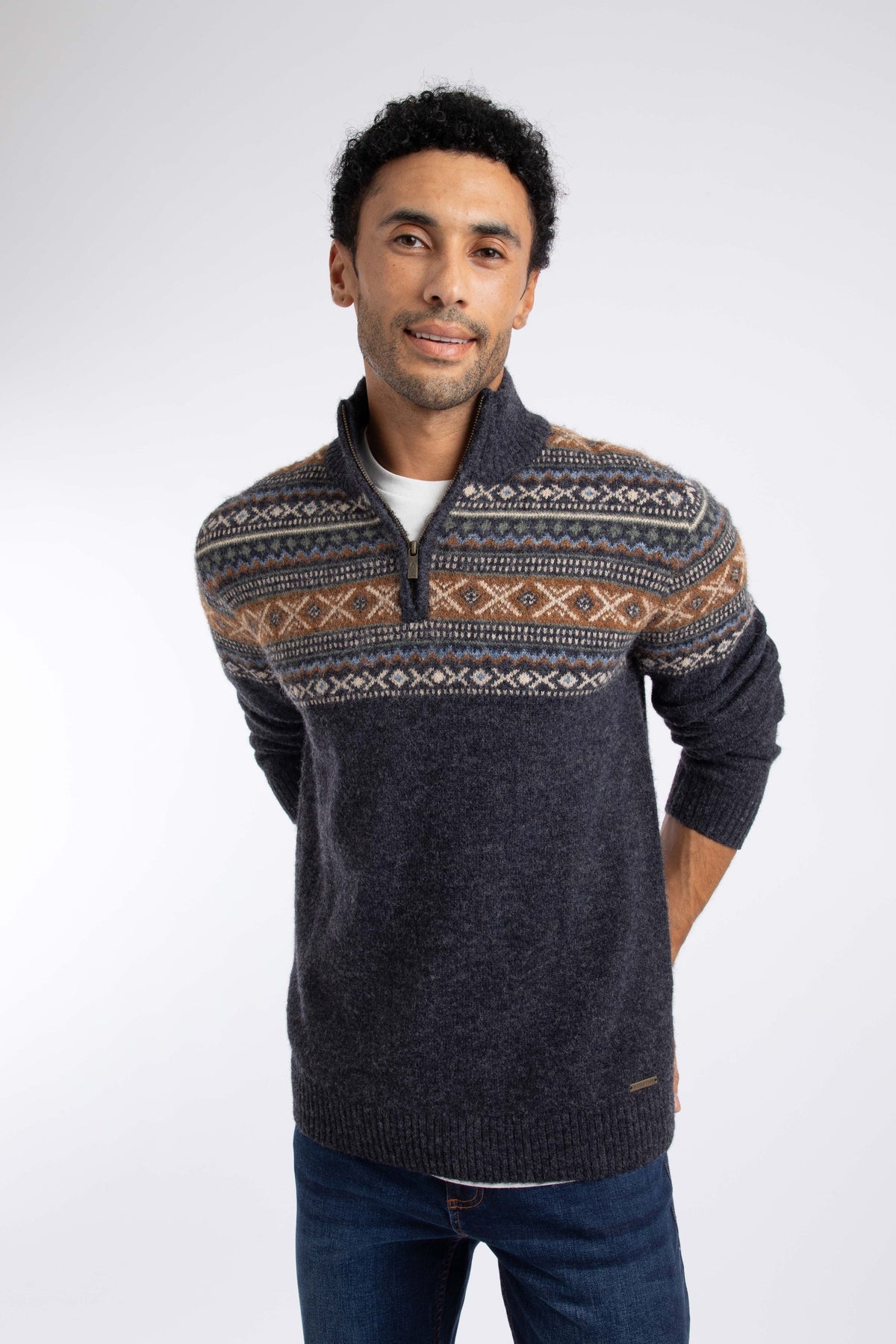 Weird Fish Larner 1/4 Zip Fair Isle Jumper in Midnight