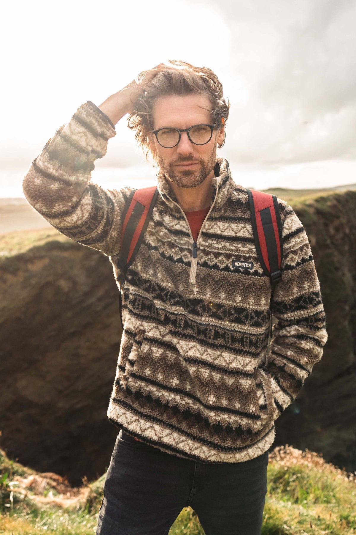 Weird Fish Nash 1/4 Zip Jacquard Borg Fleece in SandStone