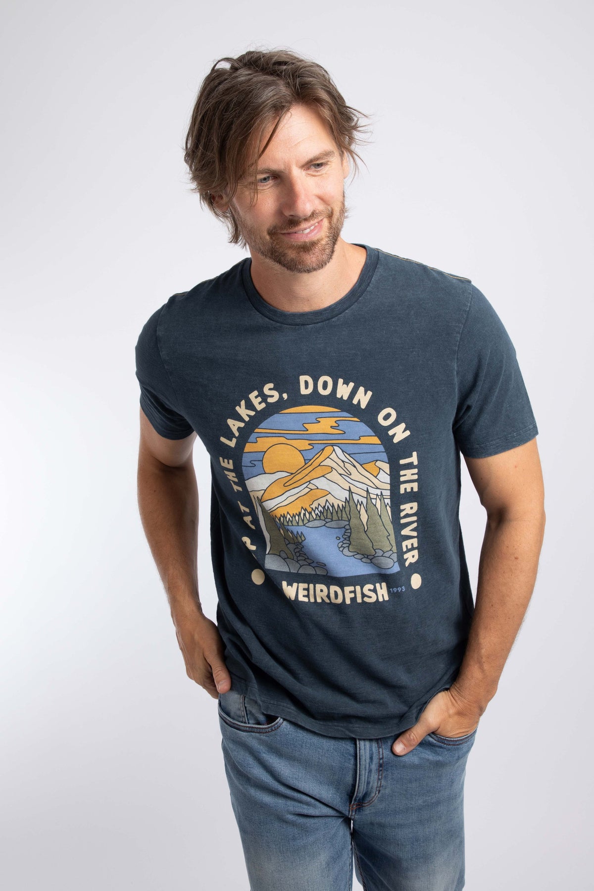 Weird Fish Up At The Lakes Front Print Graphic T-Shirt in Navy