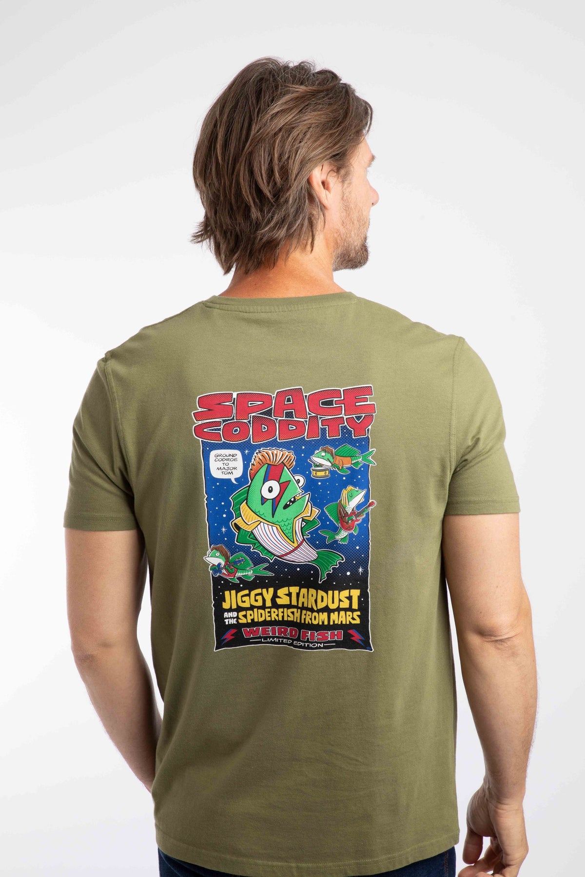 Weird Fish Space Coddity Back Print Artist T-Shirt in Olive Moss