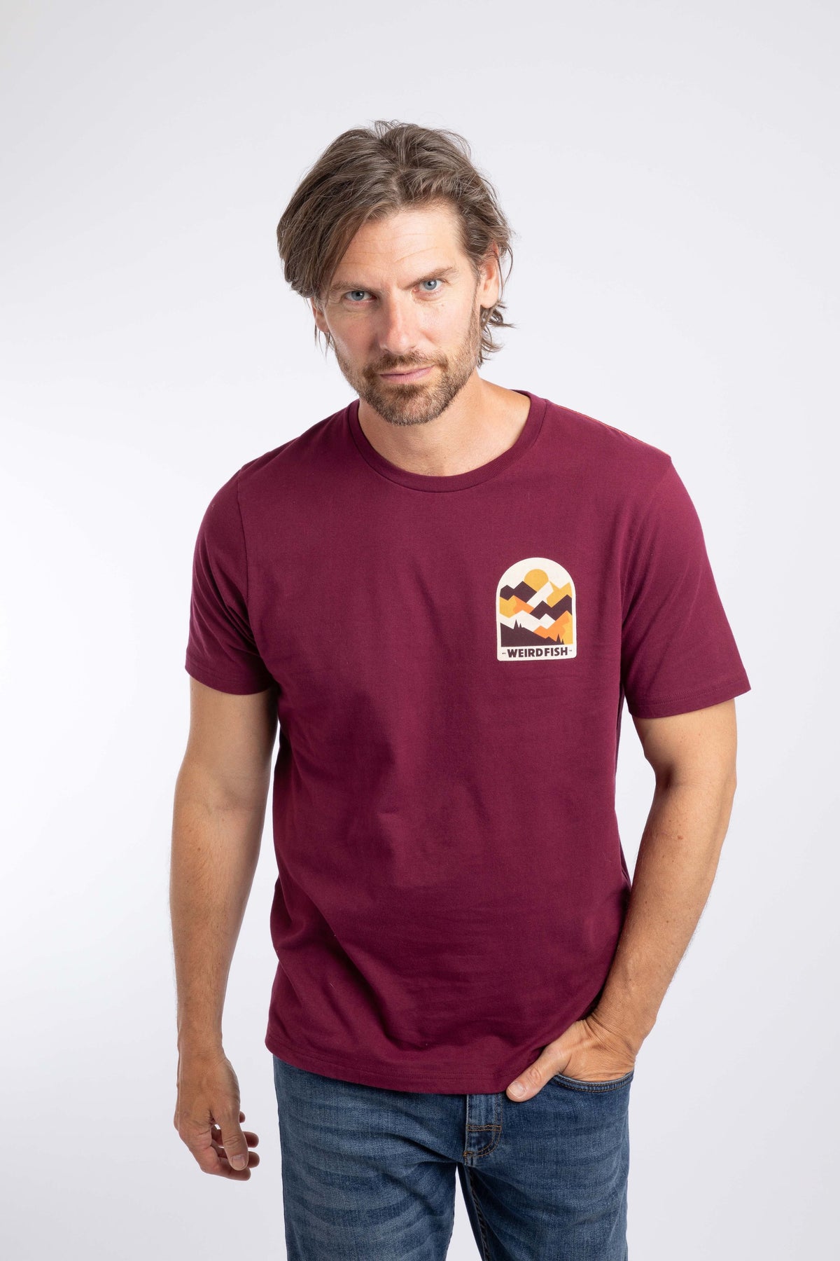 Weird Fish Geo Mountains Back Print Graphic T-Shirt in Red Grape
