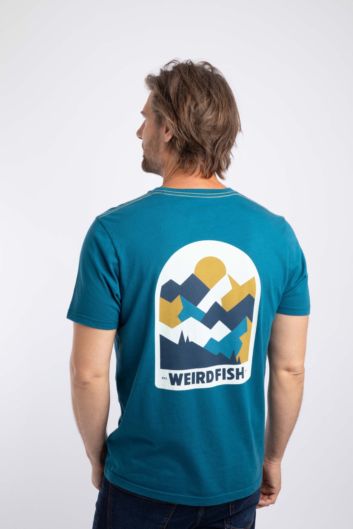 Weird Fish Geo Mountains Back Print Graphic T-Shirt in Sea Blue