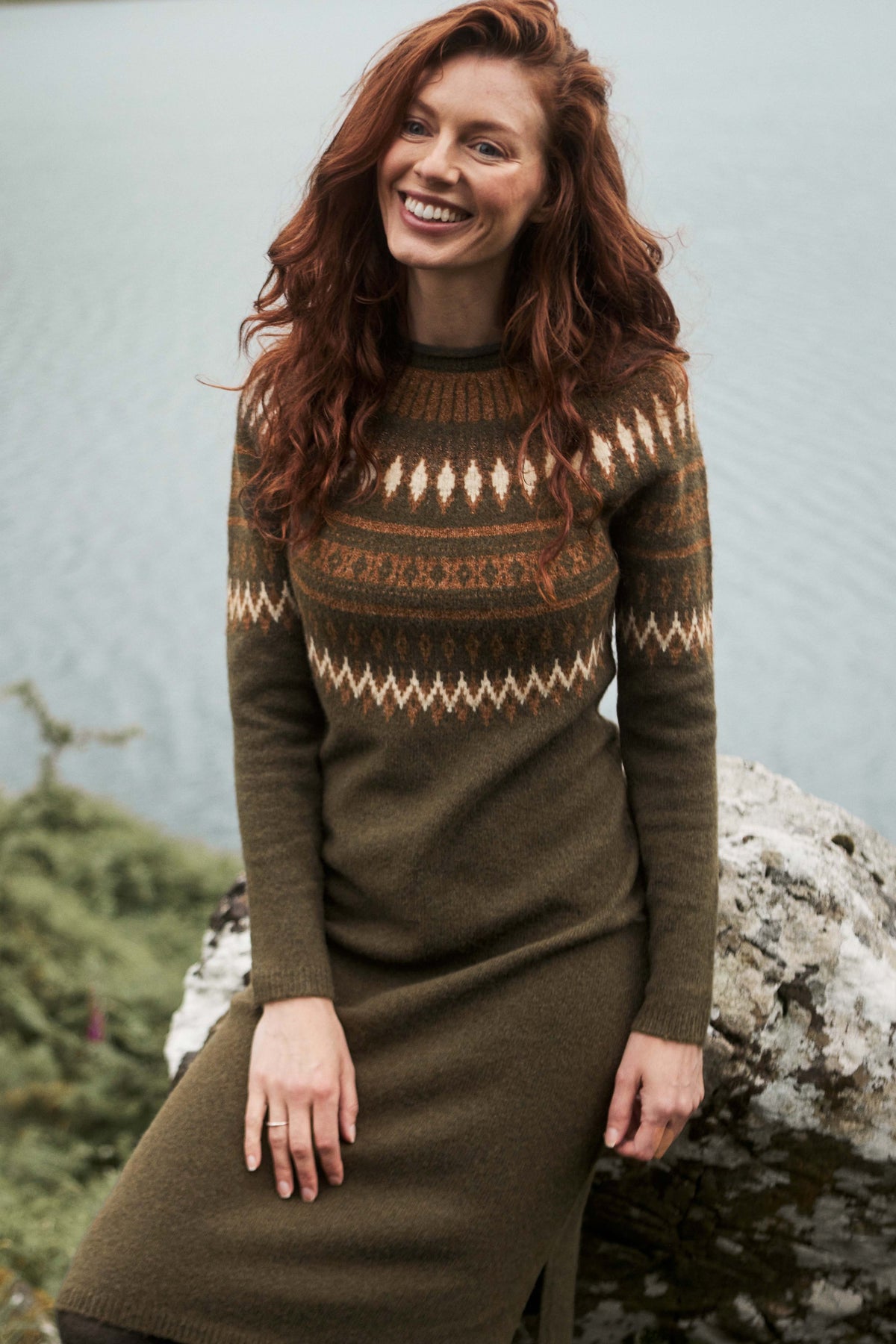 Weird Fish Wren Metallic Fair Isle Knitted Dress in Oak Green