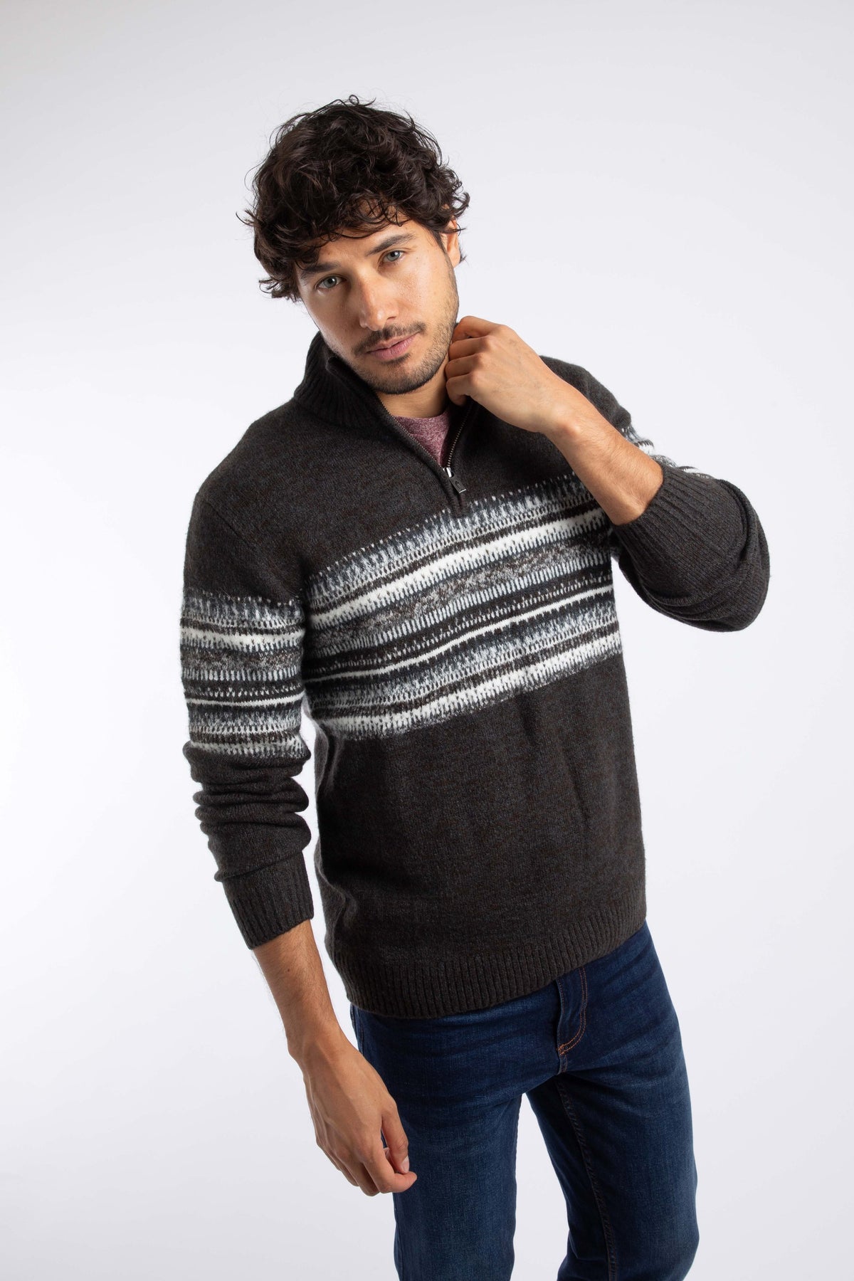 Weird Fish Bertie Fair Isle 1/4 Zip Jumper in Black