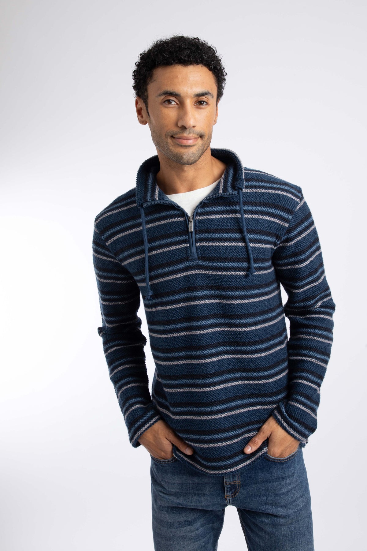 Weird Fish Oscar 1/4 Zip Striped Kierra Knit Macaroni in Midnight