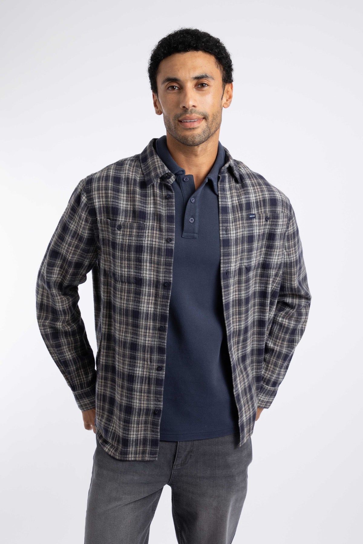 Weird Fish Arden Herringbone Check Shirt in Dark Blue