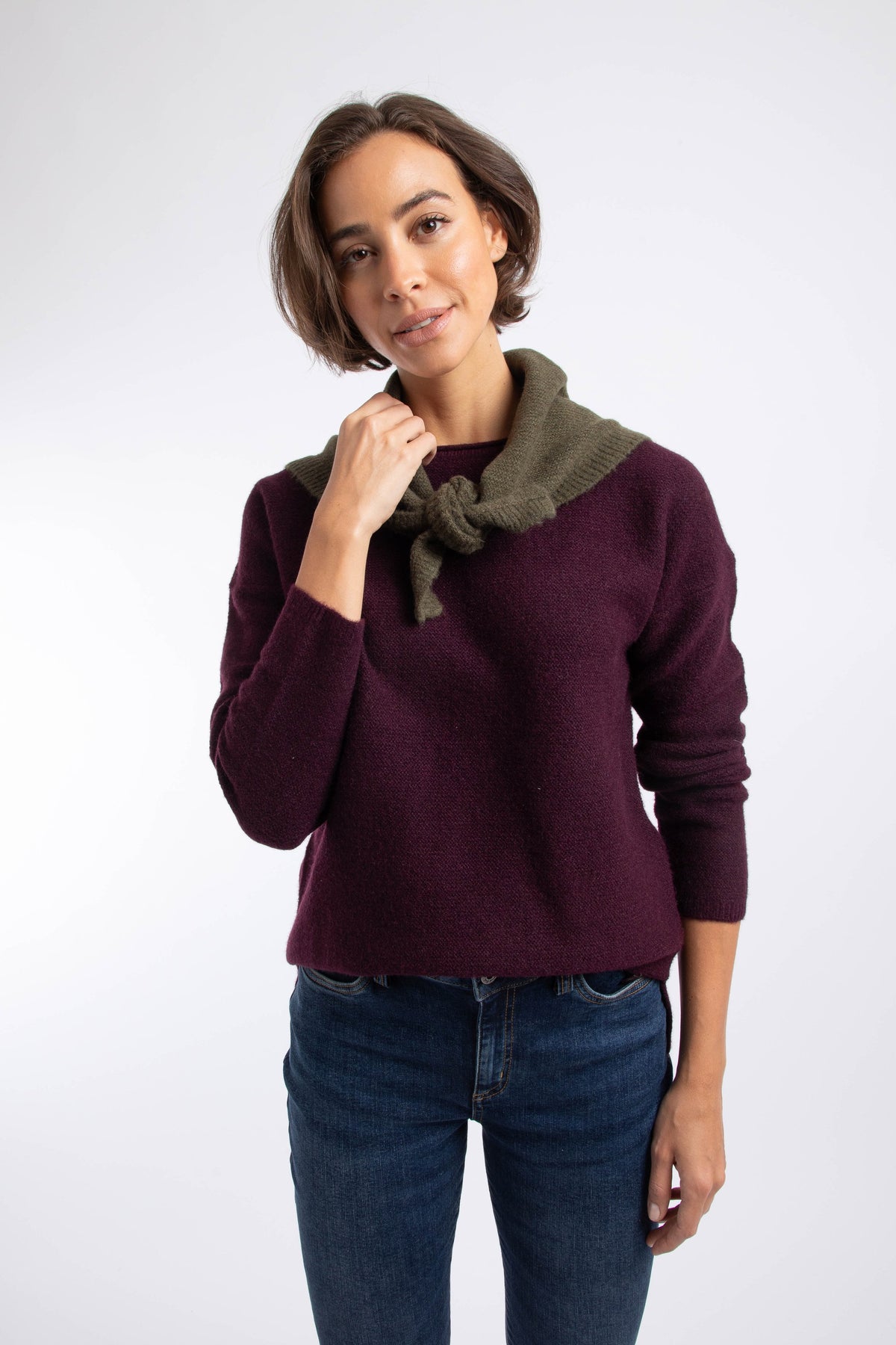 Weird Fish Arlen Textured Crew Neck Jumper in Pinot Wine