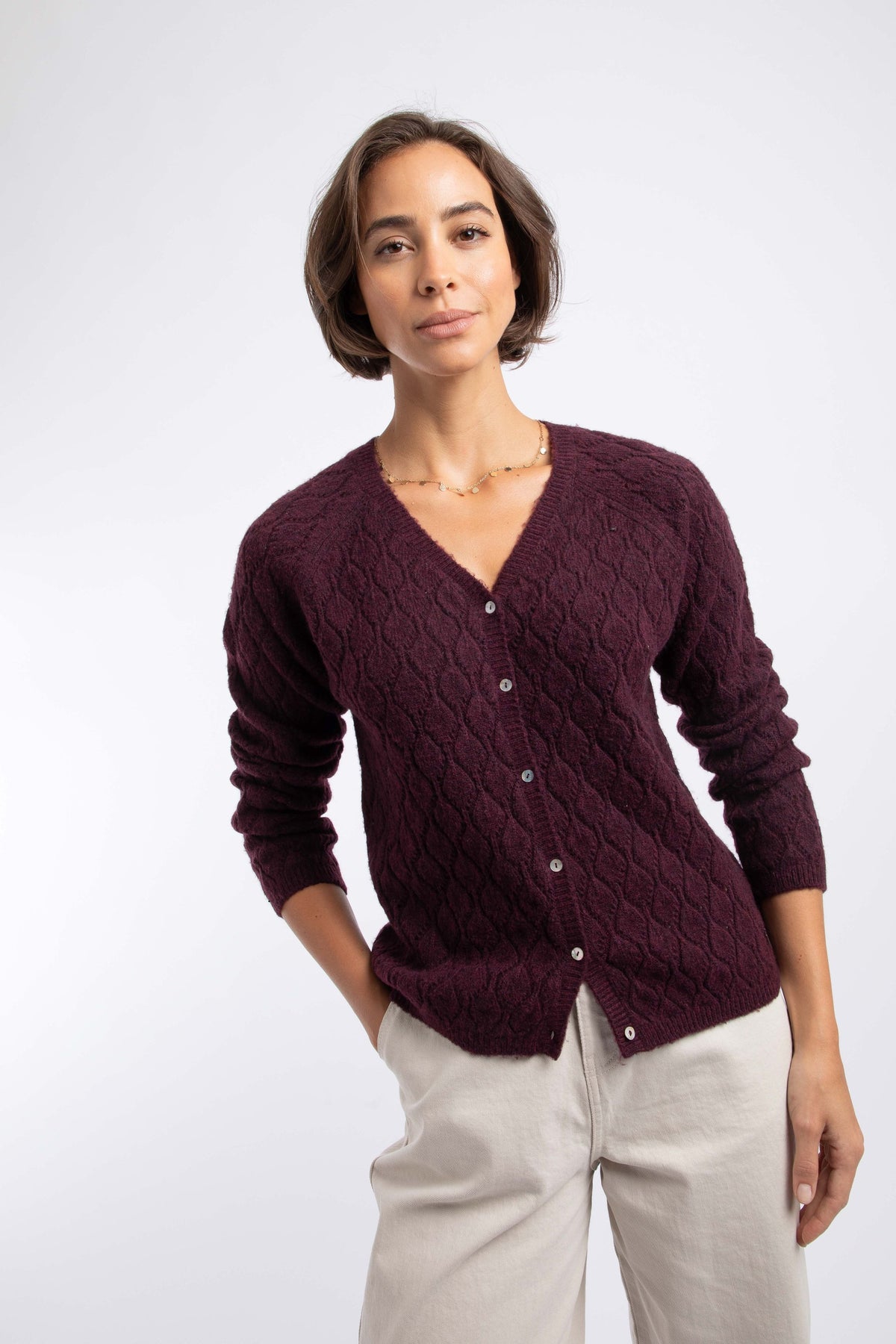 Weird Fish Posie Pointelle Knit Cardigan in Pinot Wine