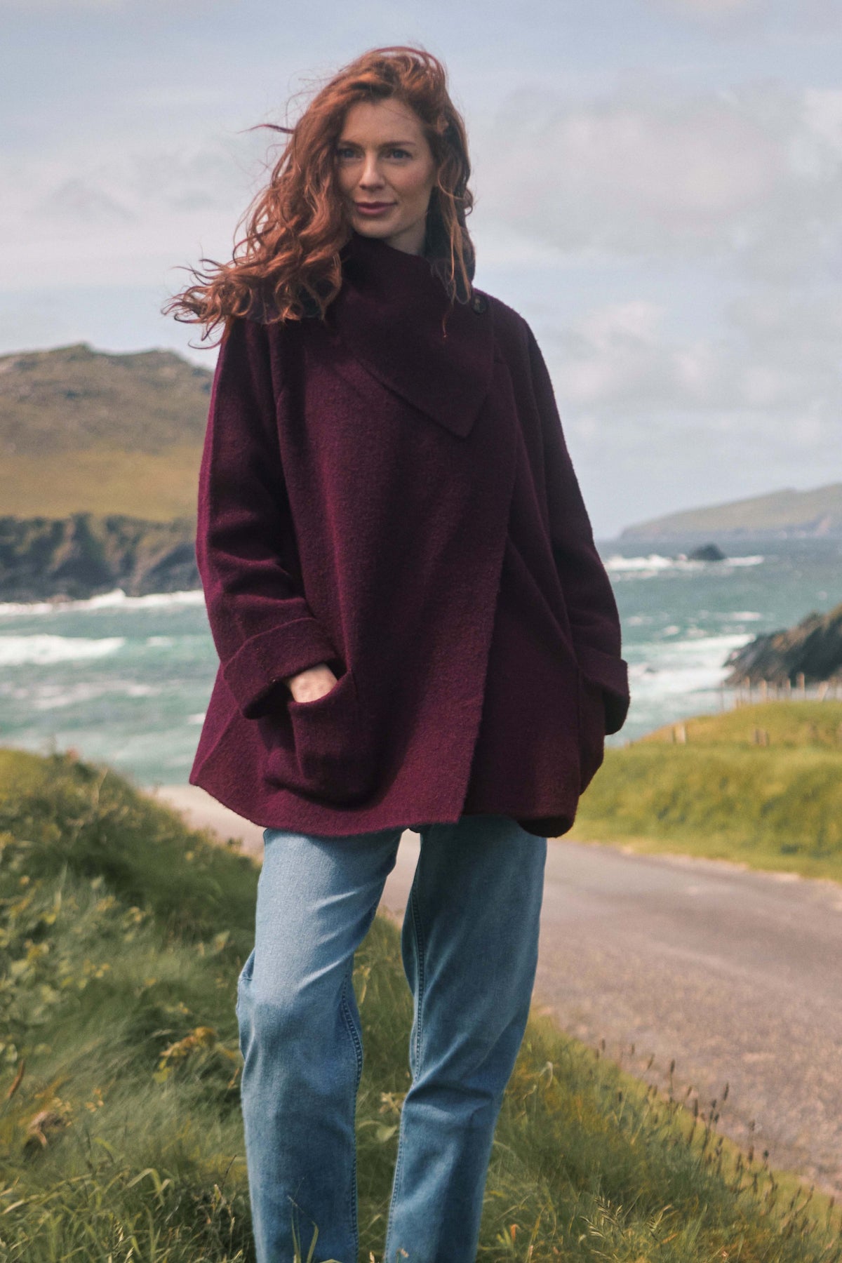 Weird Fish Sherpania Asymmetrical Button Neck Cardigan in Pinot Wine