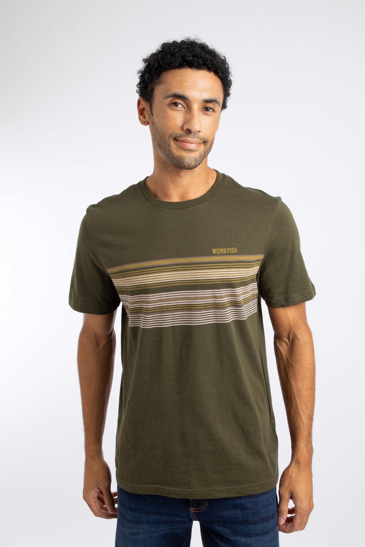 Weird Fish Garside Chest Stripe T-Shirt in Oak Green