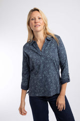 Weird Fish Rosalie Printed Jersey Polo Shirt in Rich Navy