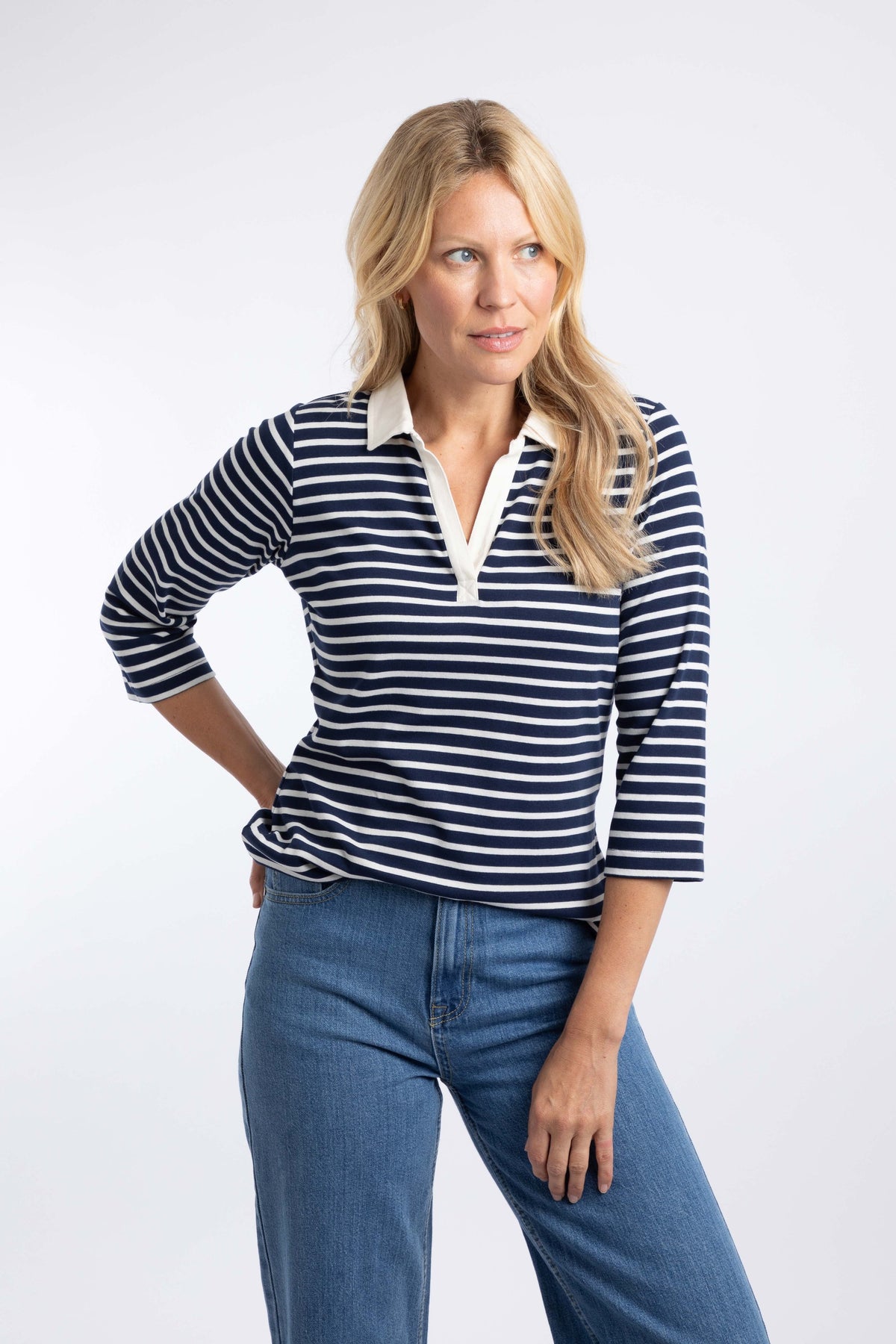 Weird Fish Thora Striped Jersey Polo Top in Navy