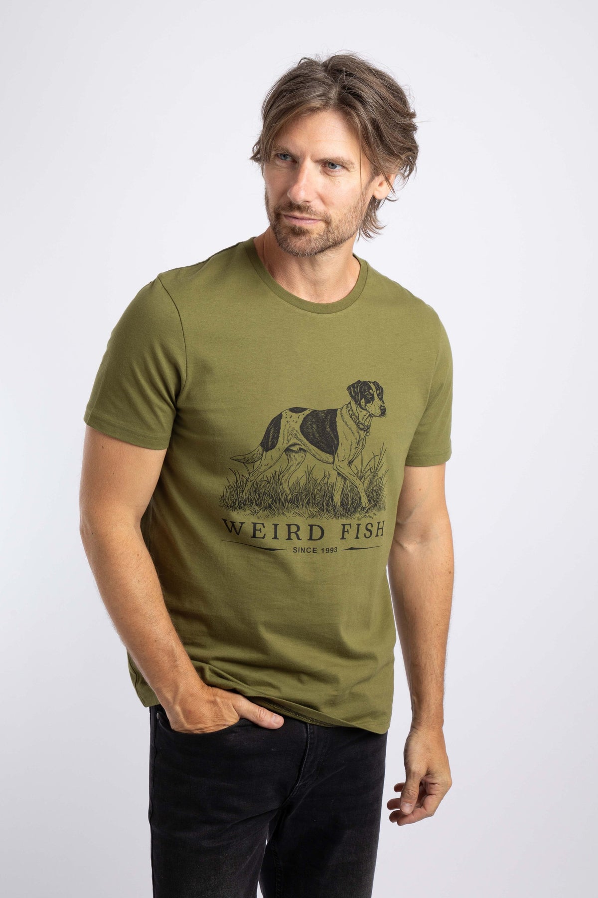Weird Fish Working Dog Front Print Graphic T-Shirt in Olive Moss