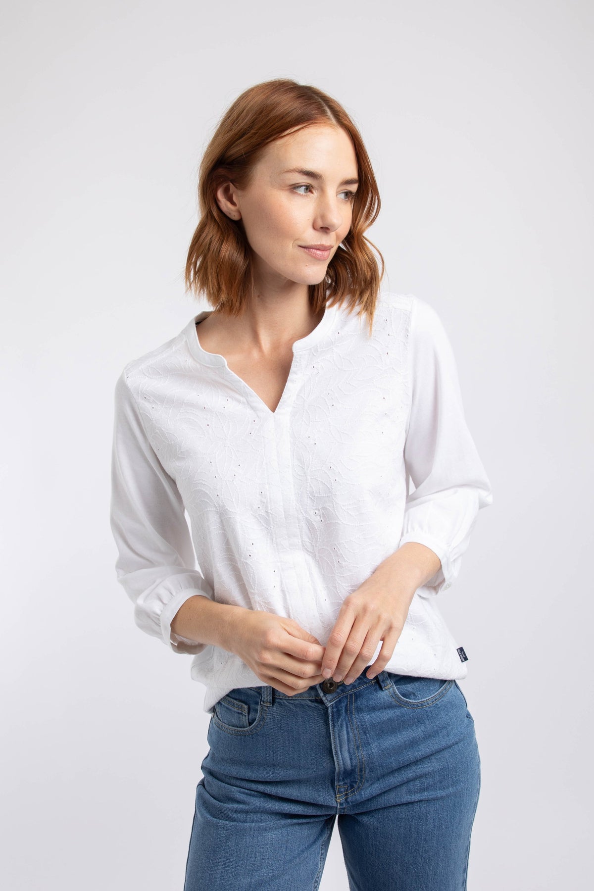 Weird Fish Mabel Broidery 3/4 Sleeve Top in Eggnog