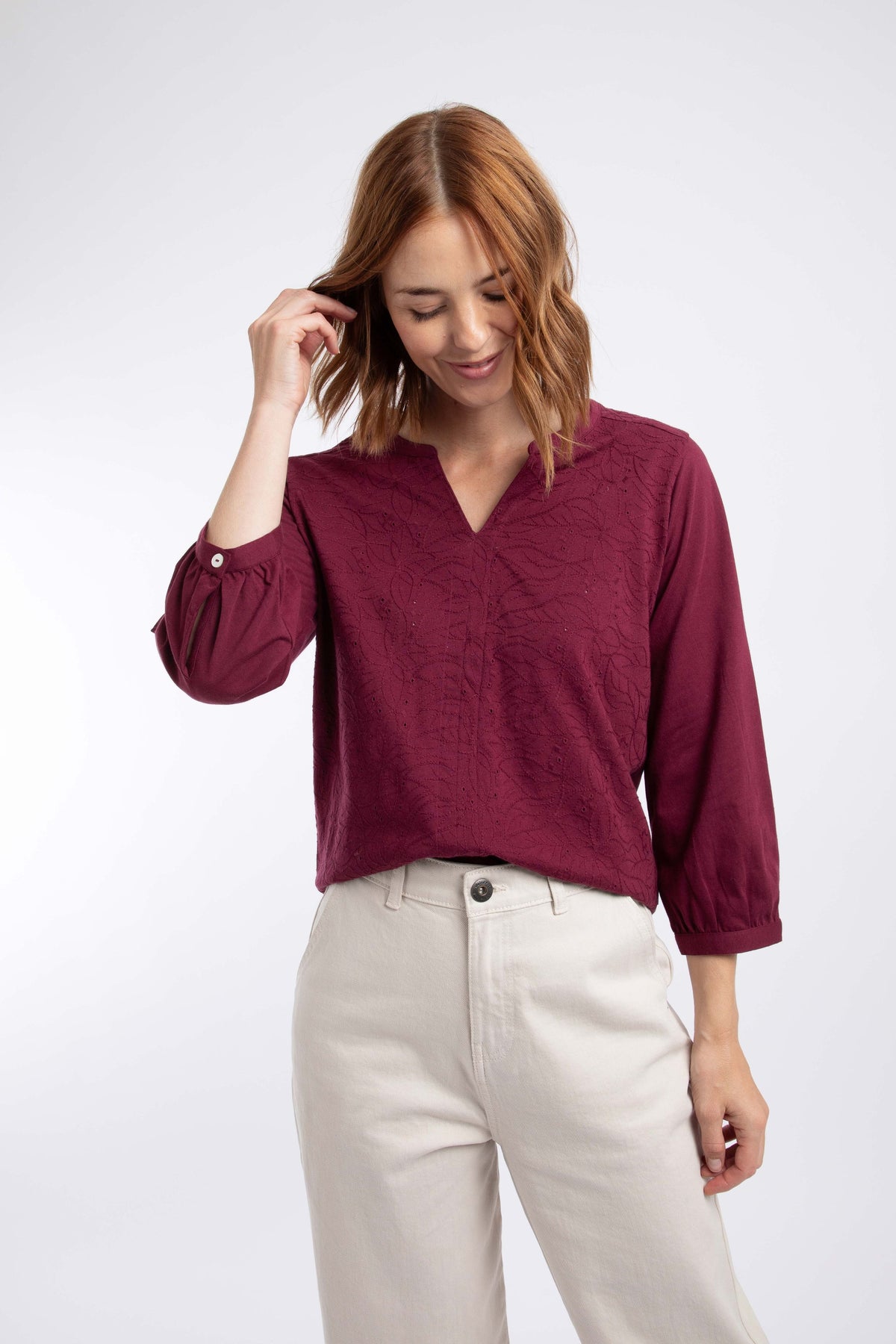 Weird Fish Mabel Broidery 3/4 Sleeve Top in Red Grape