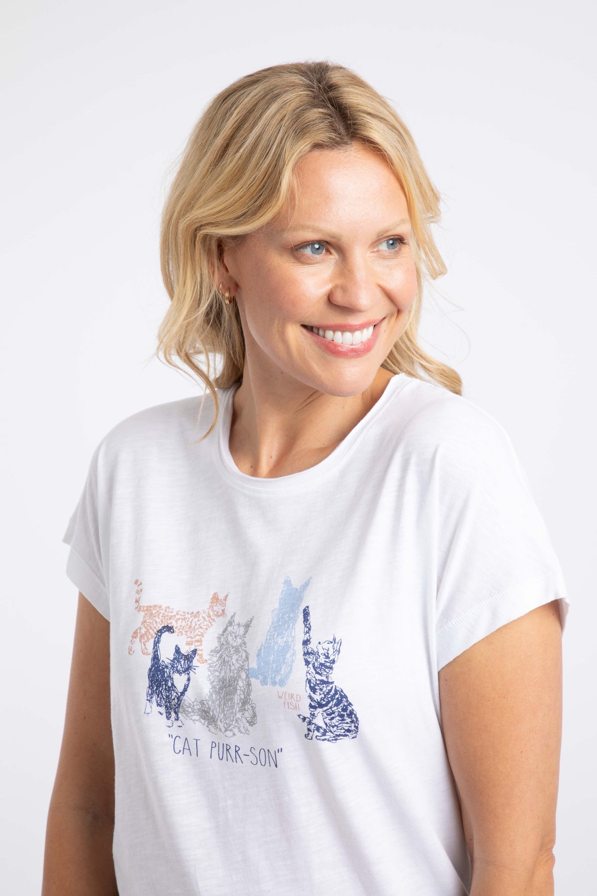 Weird Fish Meow Front Print Graphic T-Shirt in White