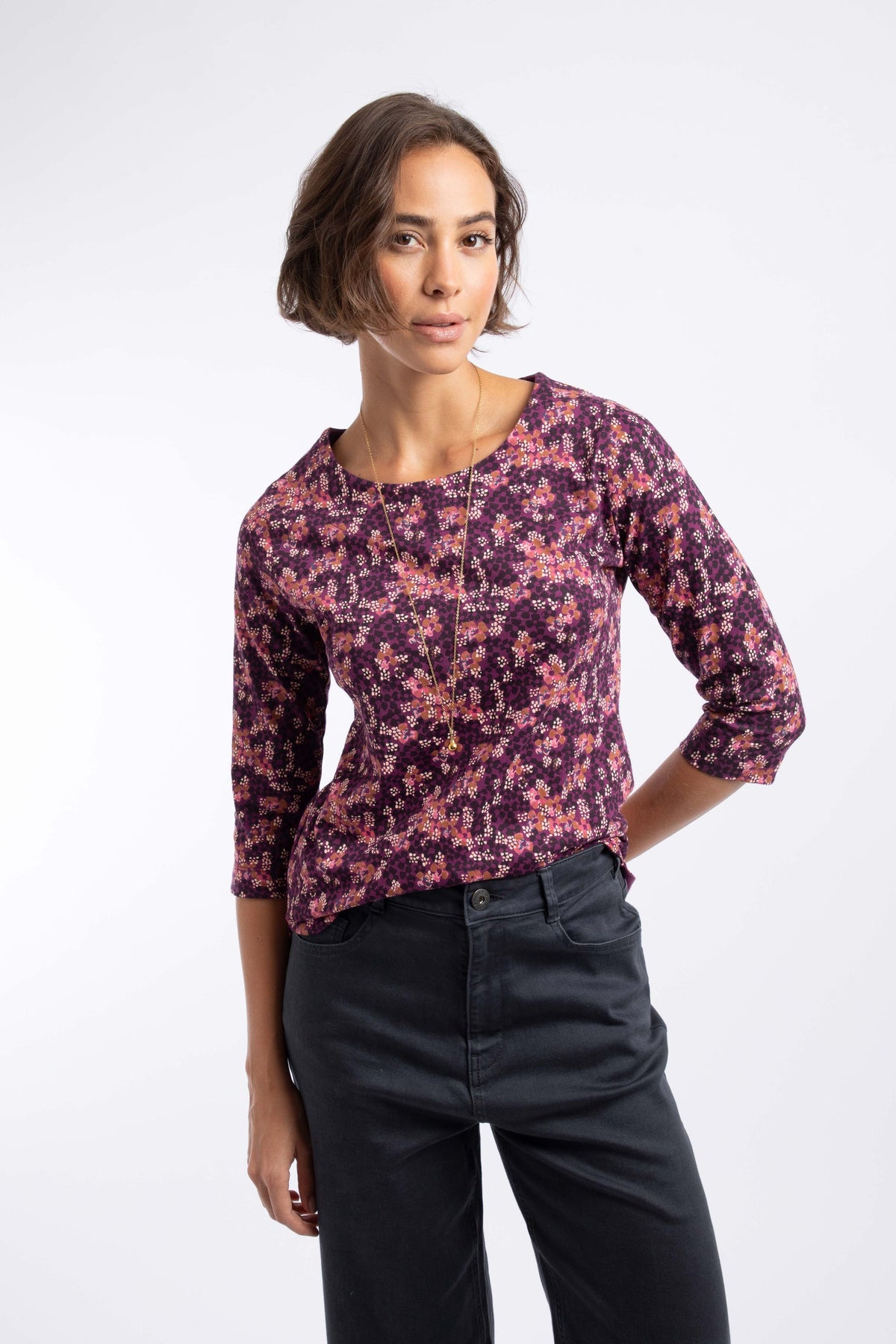 Weird Fish Rachel Printed Jersey T-Shirt in Purple Wine