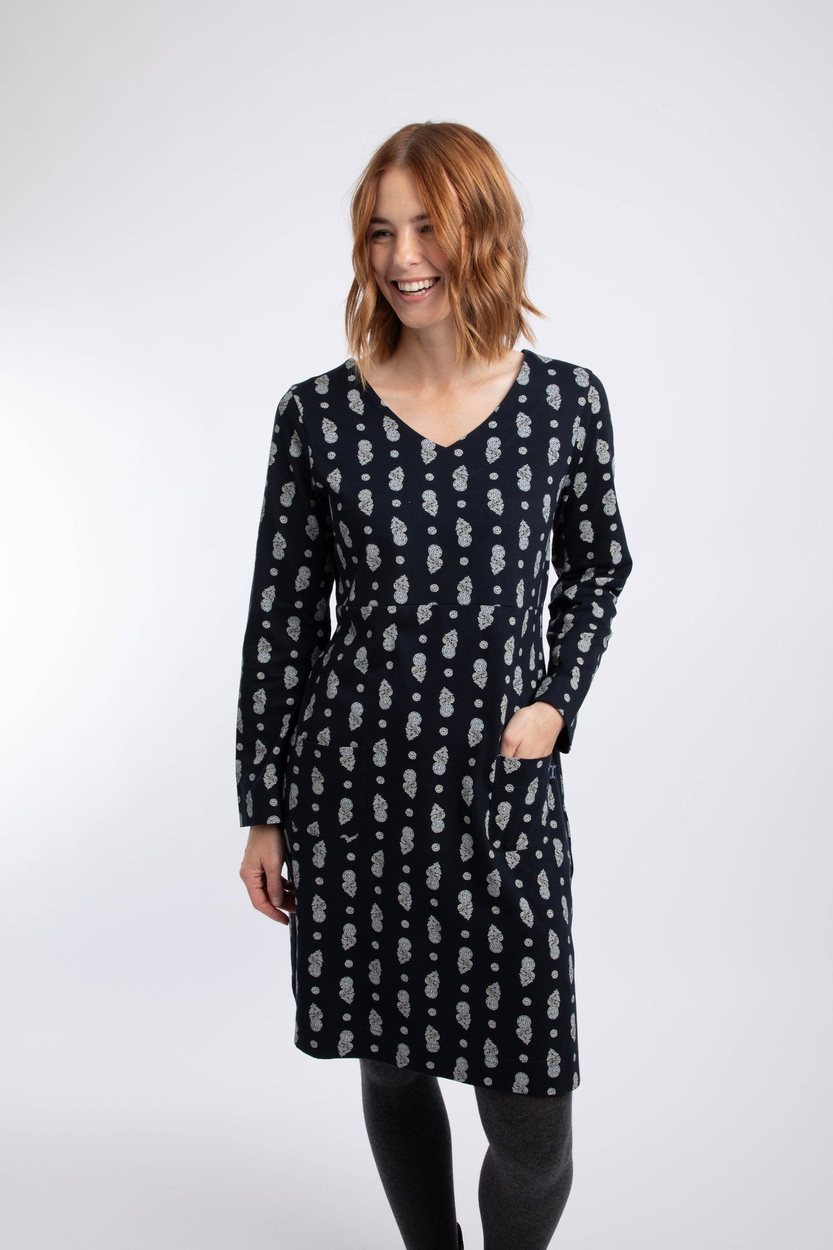 Weird Fish Hope Printed V-Neck Jersey Dress in Twilight