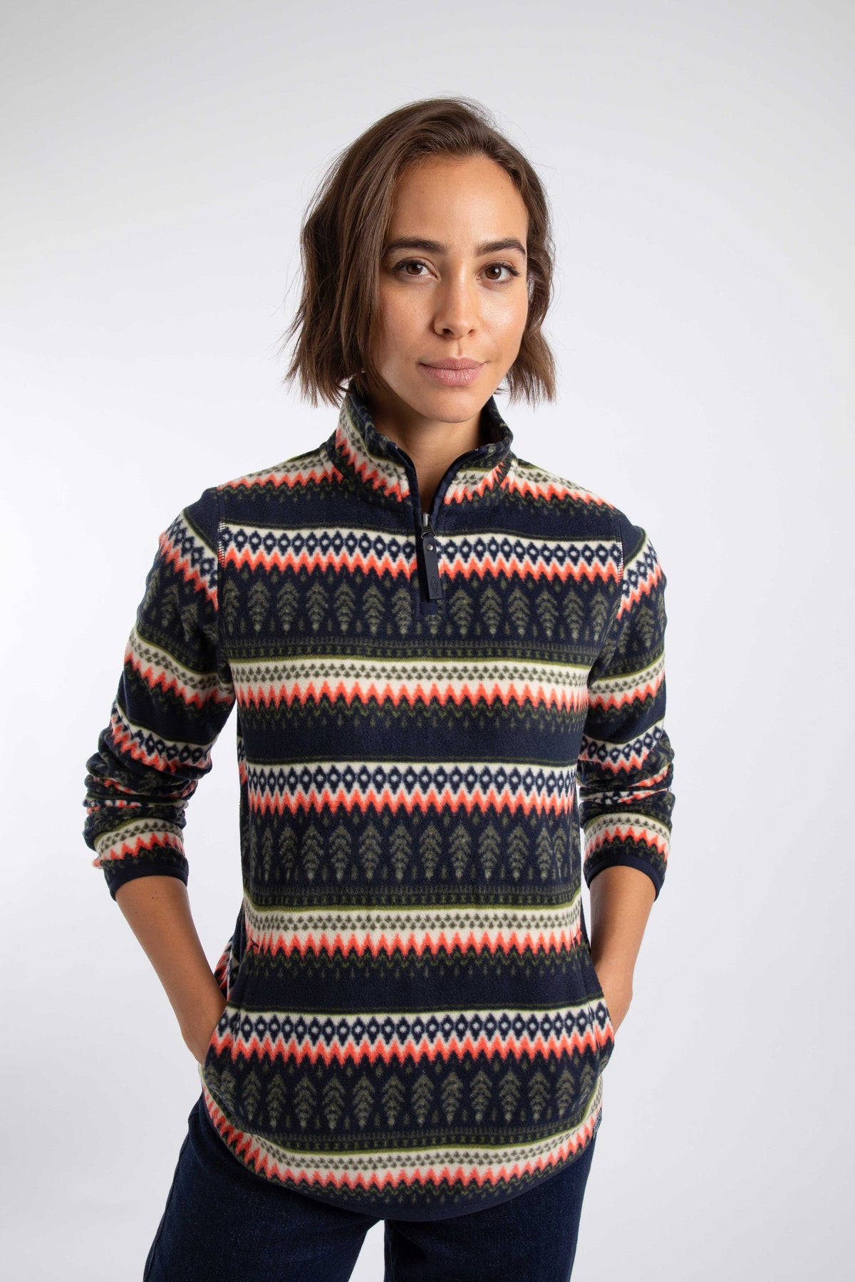 Weird Fish Reena 1/4 Zip Printed Microfleece in Fir Green