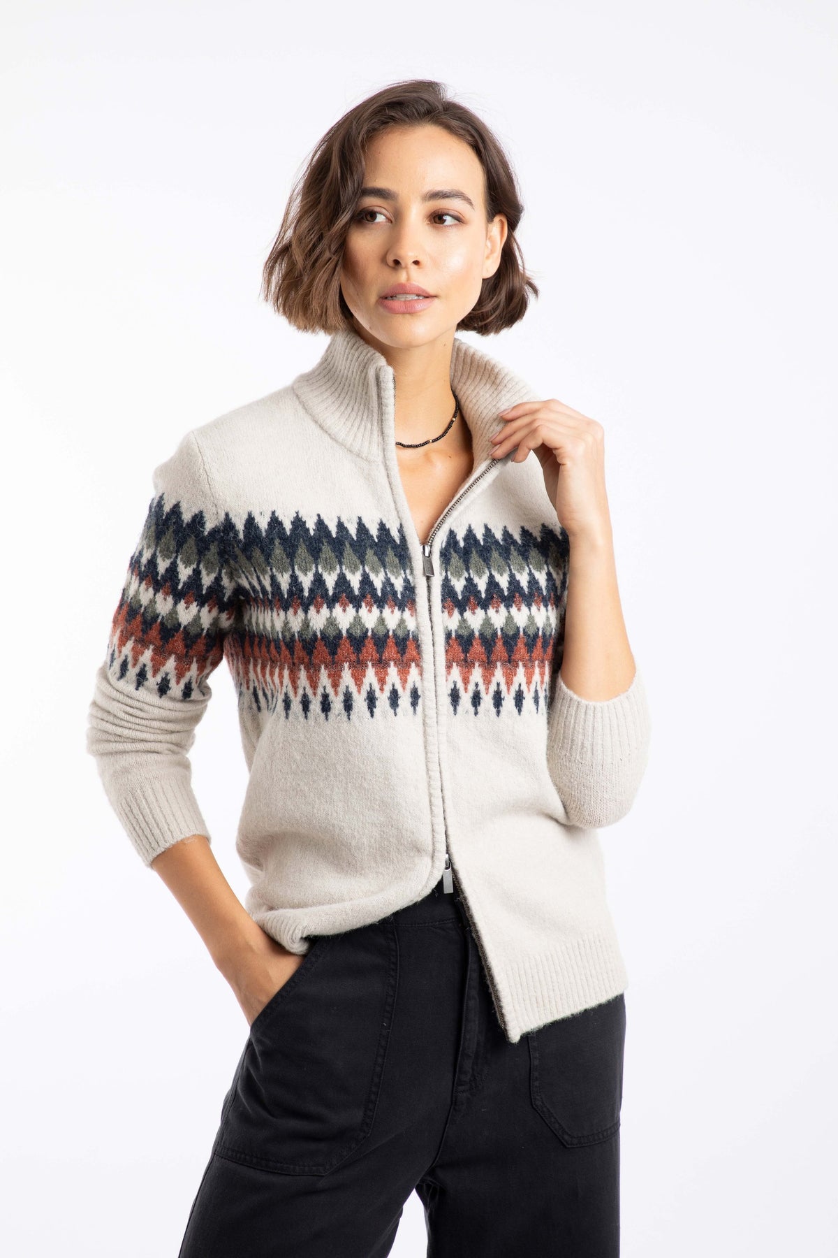 Weird Fish Lenka Fair Isle Sparkle Full Zip Knit Cardigan in Chalk