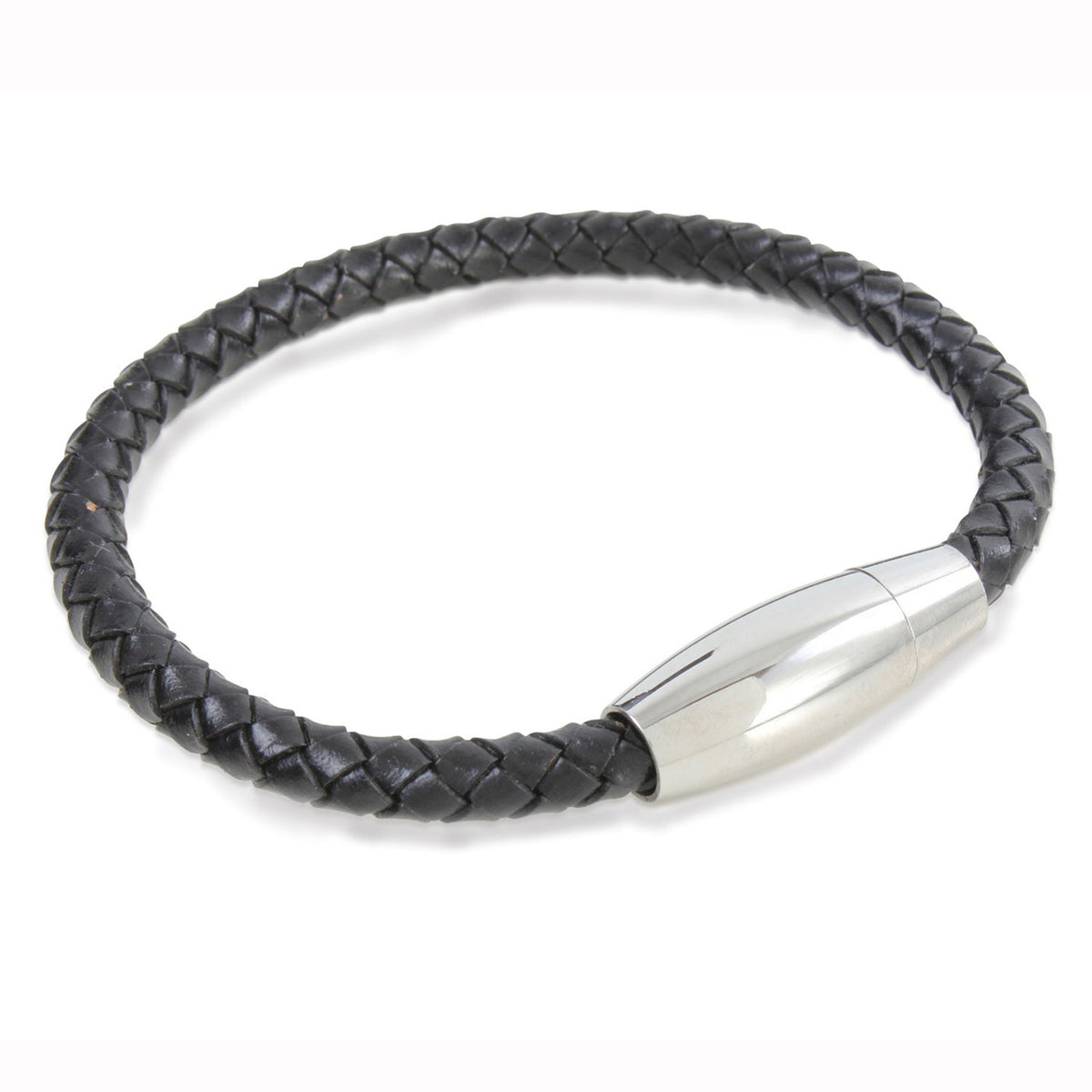 Black Leather and Stainless Steel Bracelet Oval Magnet Clasp 21cm by Dalaco