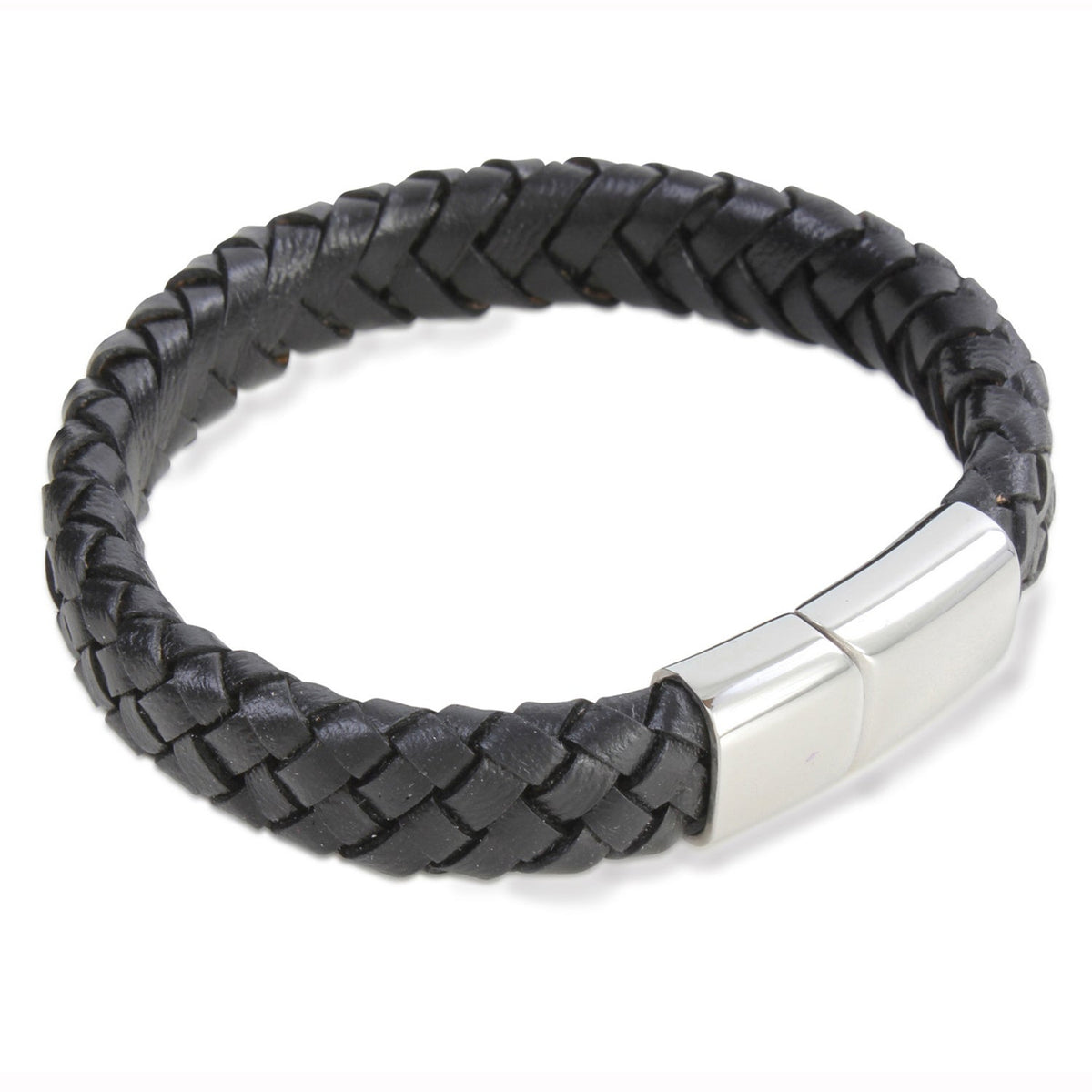 Black 8mm Width Leather Bracelet with Flat Stainless Steel Clasp by Dalaco
