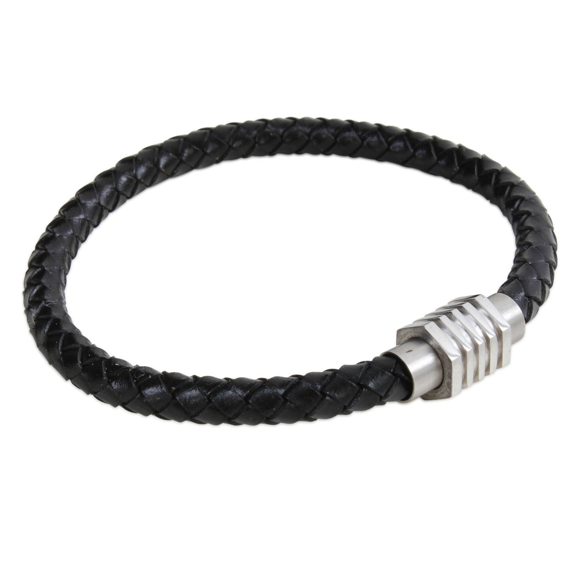 Black Leather Bracelet with Stainless Steel Ribbed Clasp by Dalaco
