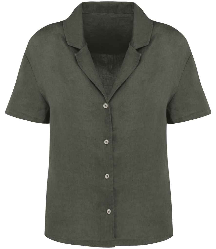 Spasso Ladies Short Sleeve Linen Bowling Collar Shirt SP523
