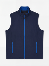 Navy blue vest with blue zippers on a white background