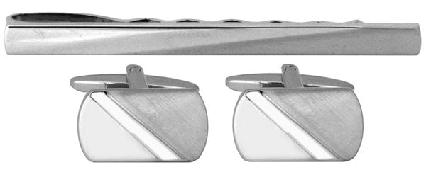 Plain Shiny & brushed Rhodium diagonal Cufflink & Tie Slide Set by Dalaco