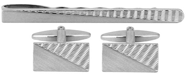 Brushed rhodium engine-turned Cufflink and Tie Slide Set by Dalaco