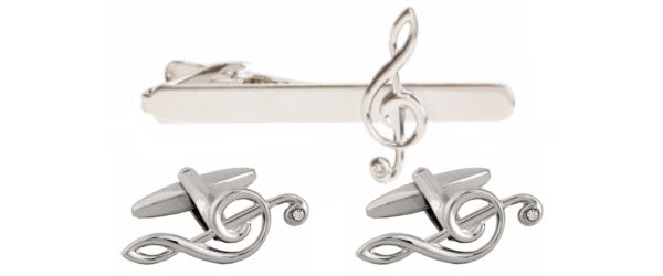 Treble Clef Cufflink & Tie Slide Set rhodium plated by Dalaco