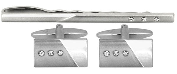 Brushed & Shiny Rhodium with 3 Crystals Cufflink and Tie Slide Set by Dalaco
