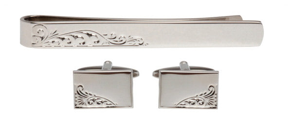 Engraved Leaf Design Cufflink and Tie Slide Set in Rhodium Plate by Dalaco