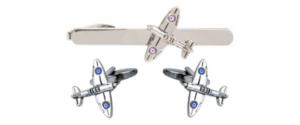 Spitfire Rhodium Plated Cufflink & Tie Slide Set by Dalaco