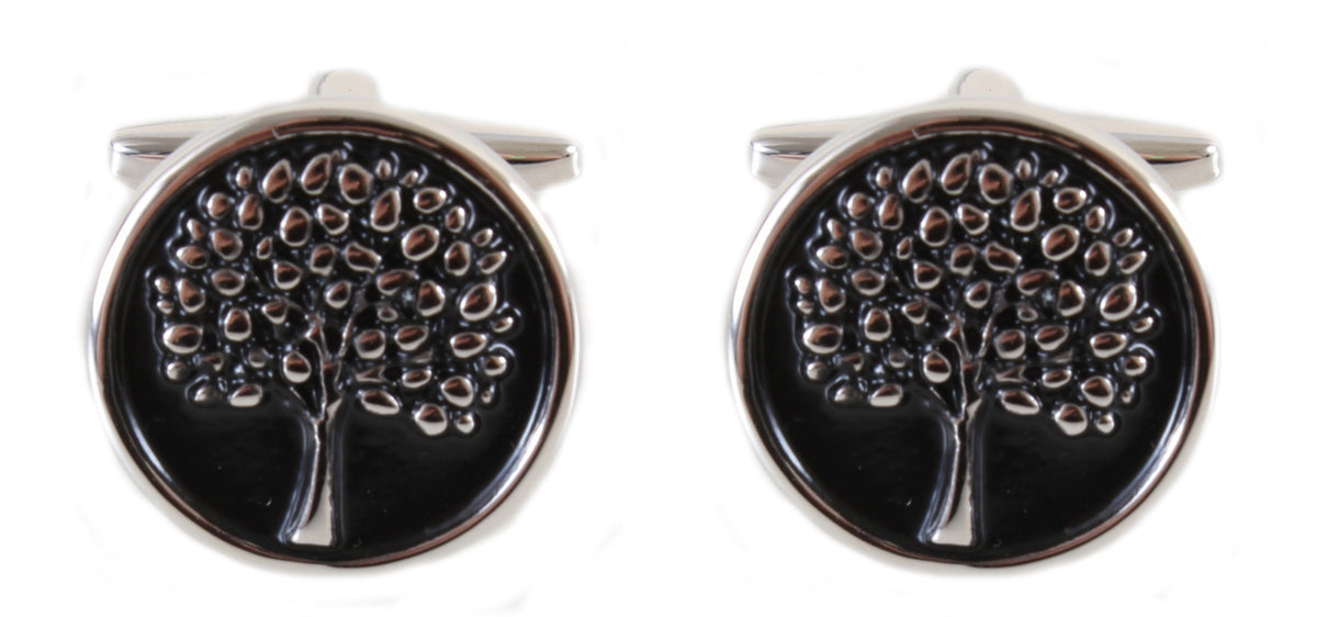 Tree Cufflinks – Black Enamel Disc with Silver Coloured Image by Dalaco