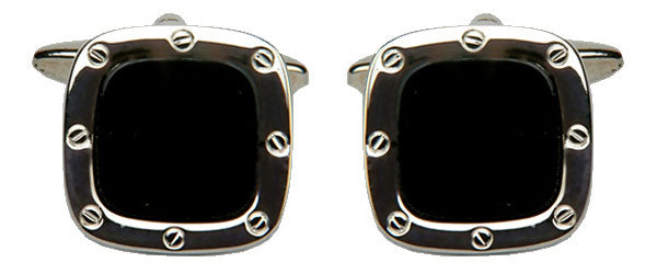 Onyx Port Hole Rhodium Cushion Cufflinks by Dalaco