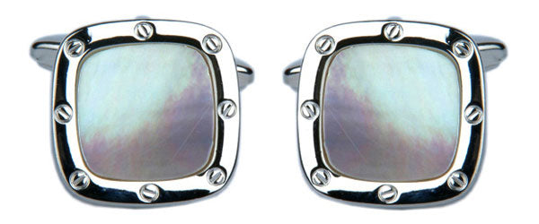Mother of Pearl Port Hole Rhodium Plate Cushion Cufflinks by Dalaco