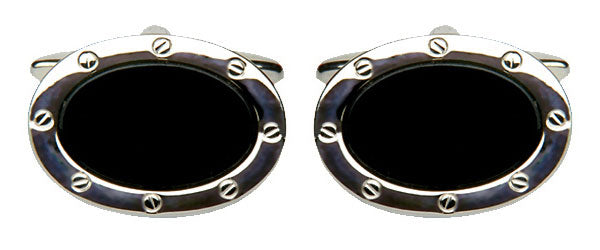 Onyx Oval Port Hole Rhodium Plated Cufflinks by Dalaco