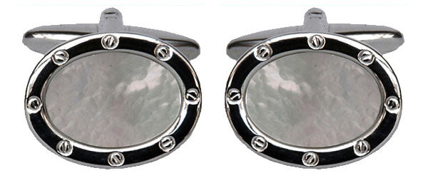 Mother of Pearl Oval Port Hole Rhodium Plated Cufflinks by Dalaco