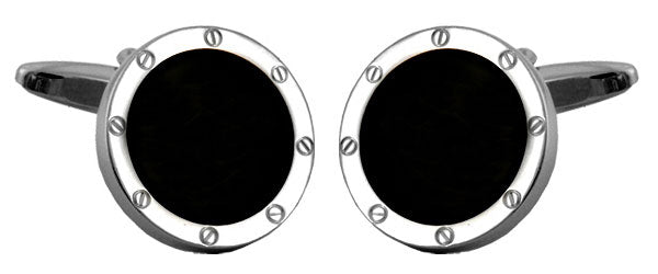 Onyx Round Port Hole Rhodium Plated Cufflinks by Dalaco