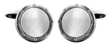 Mother of Pearl Round Port Hole Rhodium Cufflinks by Dalaco