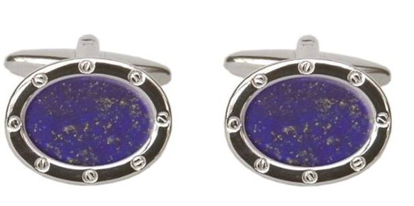 Lapis Lazuli Stone Set Oval Port Hole Rhodium Plated Cufflinks by Dalaco