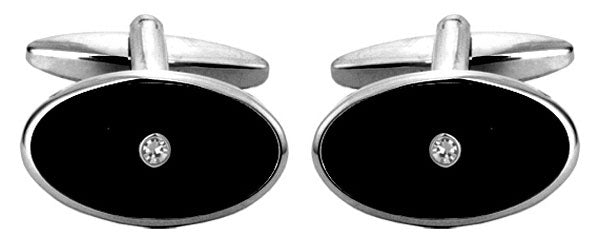 Black Oval Enamel & Crystal Rhodium Plate Cufflinks by Dalaco