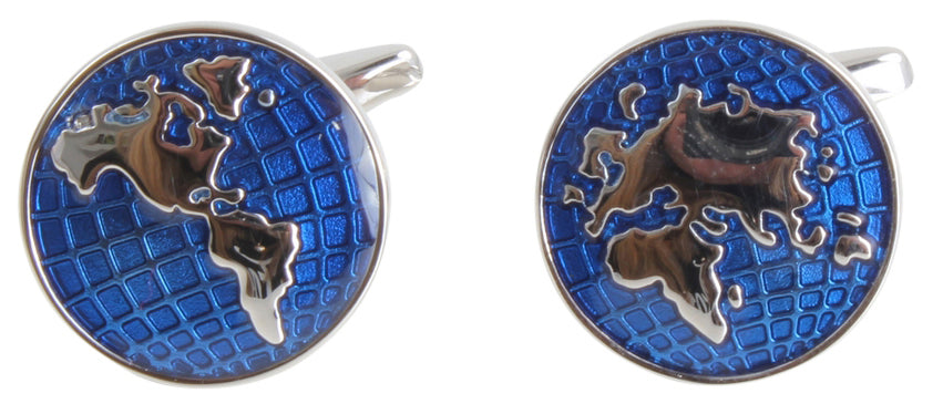 World Map Cufflinks Blue & Rhodium by Dalaco