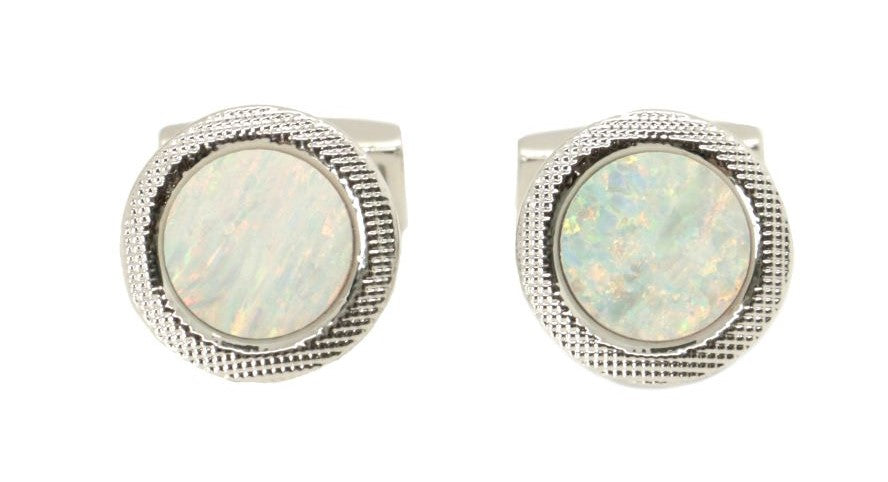 Synthetic Opal Round Chequered Edge Rhodium Cufflinks by Dalaco