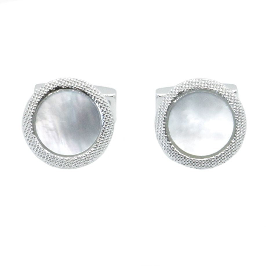 Mother of Pearl Round Chequered Edge Rhodium Cufflinks by Dalaco