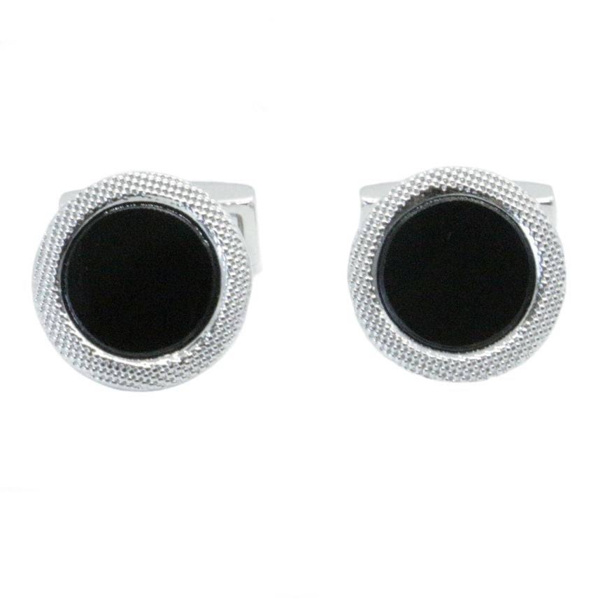 Onyx Round Chequered Edge Rhodium Cufflinks by Dalaco