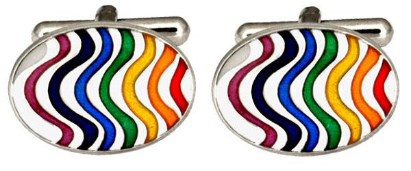 Rainbow Wave Oval Enamel & Rhodium Plated Cufflinks by Dalaco
