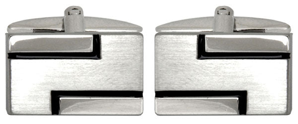Brushed & Shiny with Black Lines Rhodium Plated Cufflinks by Dalaco